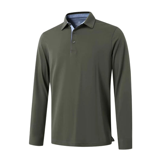 Mens Casual Polo Shirts Long Sleeve Business Classic Fit Polo Cotton Blend Collared Shirts for Men Army Green